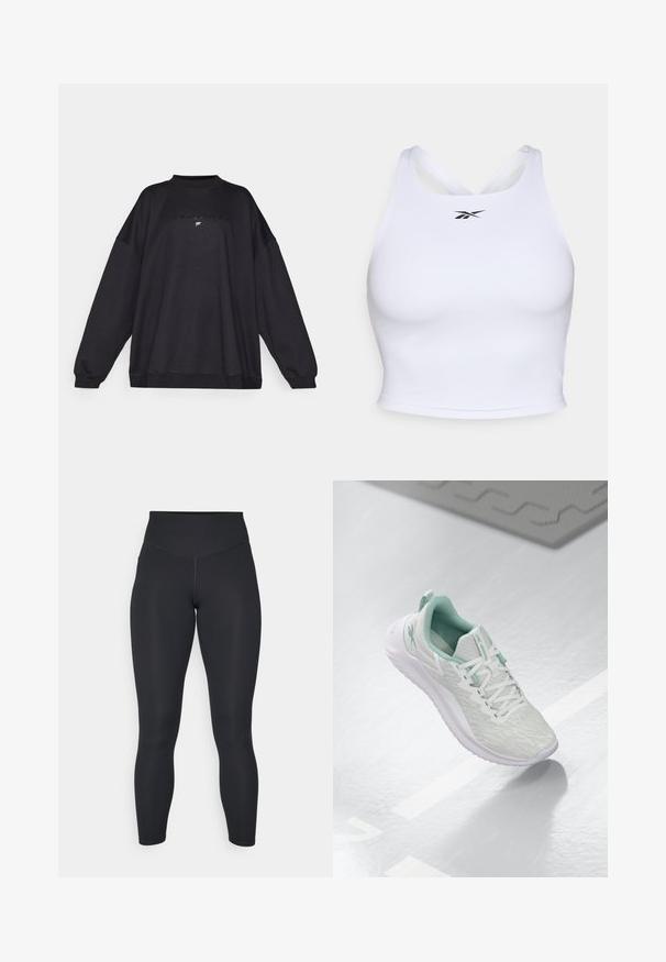 Black oversized sweatshirt made of soft fabric, featuring a high neckline and ribbed cuffs. Front displays embossed "Fabletics" logo.; White athletic crop top made from smooth, stretchy fabric. Features a crisscross back design and a small black logo on the front.; Black leggings with a high waist, smooth texture, and fitted design. Features flat seams and full-length coverage with no patterns.; Light gray athletic shoe with a textured knit upper, mint green accents, white laces, rubber sole, and pull tab at the heel.