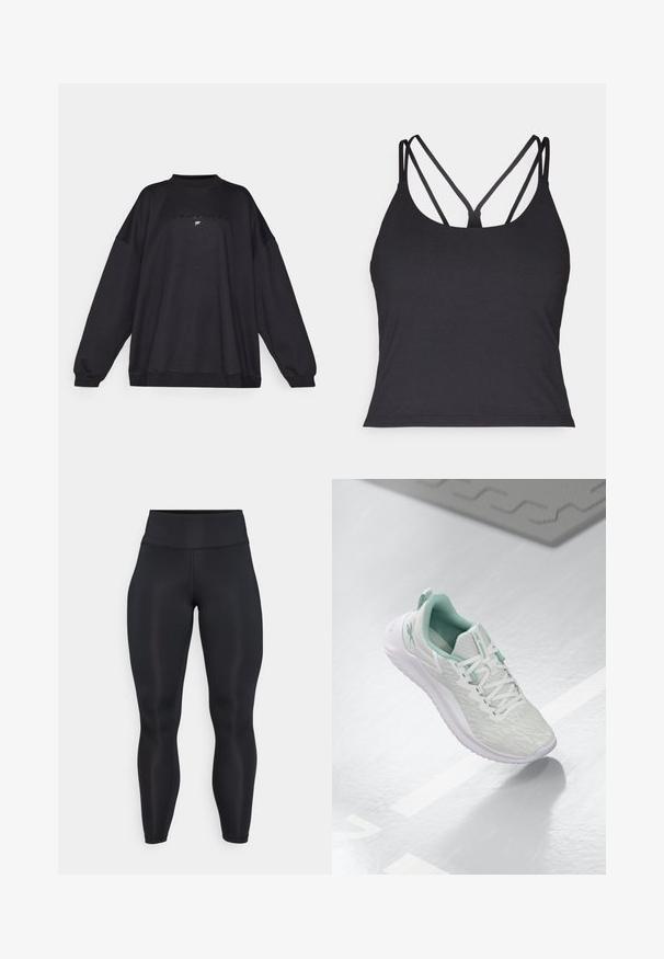 Čierna oversized mikina vyrobená z mäkkej tkaniny, s vysokým golierom a ribbovanými manžetami. Na prednej strane je vyrazené logo "Fabletics."; Čierny top bez rukávov so tenkými ramienkami a krížovým dizajnom na chrbte. Vyrobený z mäkkého, elastického materiálu s priliehavým strihom.; Čierne legíny s vysokým pásom a celkovou dĺžkou, vyrobené z hladkej tkaniny s viditeľnými švovými detailmi na prednej strane a páse.; Svetlošedé športové topánky s štruktúrovaným pleteným zvrškom, mätozelenými akcentmi, bielymi šnúrkami, gumovou podrážkou a pútkom na päte.