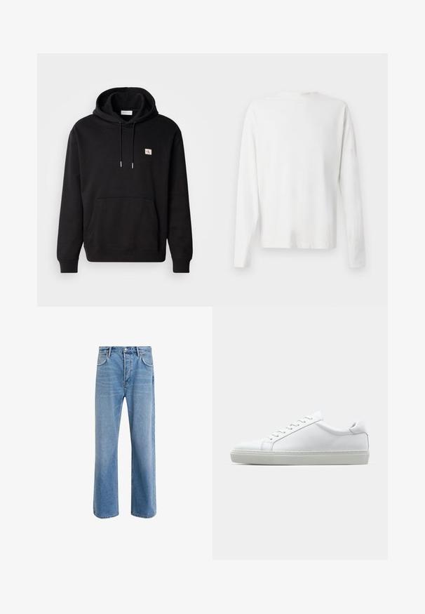 Schwarzer Kapuzenpullover mit Kängurutasche, verstellbarem Kordelzug an der Kapuze und einem kleinen Logopatch auf der Brust. Hergestellt aus weichem, strukturiertem Stoff.; Langärmliges weißes Baumwollhemd mit rundem Ausschnitt, seitlichen Schlitzen am unteren Rand und glatter Textur, von hinten präsentiert.; Helle blaue Jeans im Geradeschnitt-Design, mit fünf Taschen, Knopfverschluss, minimaler Ausbleichung und kontrastierenden Nähdetails.; Weißer Sneaker mit glattem Lederobermaterial und niedrigem Profil. Verfügt über eine runde Zehenpartie, sechs Ösen und eine strukturierte Gummisohle.