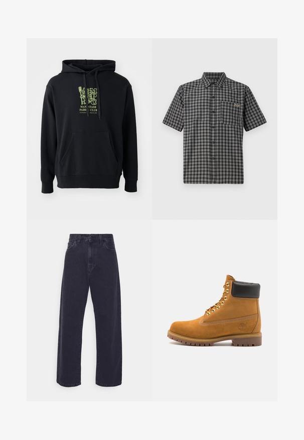 Hanorac negru din amestec de bumbac, cu buzunar frontal, șnur de ajustare și un grafic verde proeminent pe piept inscripționat "CLUBUL PADDLE MAN STASH."; Cămașă cu mânecă scurtă în model tartan alb-negru, cu guler cu nasturi, buzunar frontal și o etichetă mică pe piept.; Jeans din denim de culoare închisă, cu o siluetă evazată, talie înaltă și design cu cinci buzunare. Prezintă o închidere clasică cu buton și fermoar.; Cizmă de gleznă din întoarsă de culoare bej, cu guler negru căptușit, ochiuri din metal auriu, detalii de cusătură albă și talpă din cauciuc robustă, cu un model pronunțat.