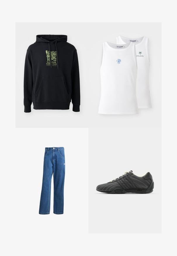 Must kulunud puuvillase segu kapuutsiga, millel on esikott, nöör ja silmatorkav roheline graafika rinnal, millel on pealkiri "MAN STASH PADDLE CLUB."; Kaks valget T-särki, ribarebane tekstuur, millel on sinised ja rohelised tikitud logod. Ühel on päikesesool, teisel palmipuu.; Sinine kõrge vöökohaga avar jakkidega teksapükse, millel on ees taskud, vöökoharingid, nupuga sulgemine ja väike Adidas'i logo paremal reiel.; adidas Originals ADIRACER UNISEX - Tossud - core black/cream white