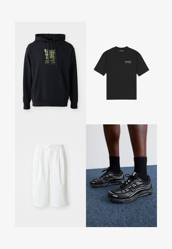 Čierna mikina z bavlnenej zmesi, s predným vreckom, šnúrkami a výraznou zelenou grafikou na hrudi označenou "MAN STASH PADDLE CLUB."; Čierne bavlnené tričko s okrúhlym výstrihom, krátkymi rukávmi a bielym potlačeným logom na hrudi. Jednoduchý dizajn s voľným strihom.; Biele šortky s elastickým pásom a šnúrkou, vystavené na jednolíatom svetlom pozadí. Vhodné na neformálne nosenie alebo do teplého počasia.; Čierne tenisky Nike majú sieťkový zvršok s akcentovými pruhmi, textúrovaným šnurovaním a čiernu gumovú podrážku. Nosené s čiernymi rebrovanými ponožkami.