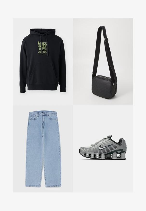 Must kulunud puuvillase segu kapuutsiga, millel on esikott, nöör ja silmatorkav roheline graafika rinnal, millel on pealkiri "MAN STASH PADDLE CLUB."; Heled sinise denimi sirgete põlvede lõikega teksad, millel on keskmise kõrgusega vöökoht, viis taskut ning nööbid ja tõmblukk.; Hallikas ja must Nike jooksutoss, mille all on näha kevadelik ammortiseerimine ja külje peal on valge sarnase logo.; Must nahkkrohvkäekott tekstuurse mustriga, ristkülikukujuline, varustatud luku ja kontrastse kangast rihmaga.