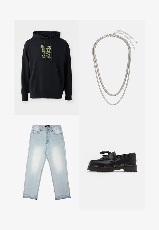 Felpa nera con cappuccio in misto cotone, dotata di tasca frontale, coulisse e un evidente grafiche verde sul petto con la scritta "MAN STASH PADDLE CLUB."; Pegador BARROW - Jeans loose fit - sand washed blue; Mocassino in pelle nera con un'accento a frange, dotato di una suola nera spessa e cuciture gialle lungo il bordo. Finitura testurizzata.; Collana in metallo argentato a tre strati caratterizzata da catene sottili e flessibili con una leggera lucentezza, fissata con un gancio a molla e una catena regolabile.