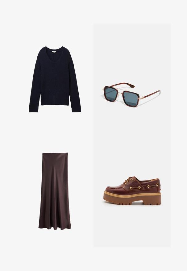 Tamsiai mėlynas megztinis su V-apskritimu, grioveliu tekstūra ir chevron modeliu priekyje, su plačiomis rankovėmis ir laisvu kirpimu.; Ruda ilgis iki žemės sijonas, pagamintas iš lygaus, lengvo audinio. Turi paprastą, plazdančią dizainą be matomų raštų ar akcentų.; Ruda odinė valtinė avalynė su masyviu ruduo guminiu padu, auksiniais akių tvirtinimais ir kontrastinga siuvimo linija. Ant šono yra logotipas.; Žvyneliai akiniai nuo saulės su tamsiai pilkais lęšiais, kvadrato formos, auksiniais metaliniais akcentais, ir lieknais laikikliais, turinčiais išskirtinius dryžuotus ornamentus.