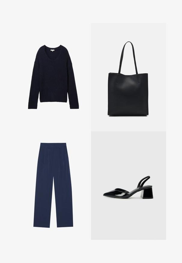 Mornarsko moder pulover z V-izrezom, rebrasto teksturo in chevron vzorcem spredaj, širokimi rokavi in sproščenim krojem.; Mornarsko modri široki hlače iz mehkega materiala, ki imajo sprednje drapiranje, gladko teksturo in ravno silhueto brez vidnih žepov.; Črne lakirane slingback pete s koničastim nosom in geometrijsko blokasto peto. Imajo eleganten, minimalističen dizajn in gladko teksturo.; Črna usnjena torba s svilnato teksturo, pravokotne oblike in dvema dolgima ročajema. Brez vidnih metalnih delov ali okrasnih elementov.