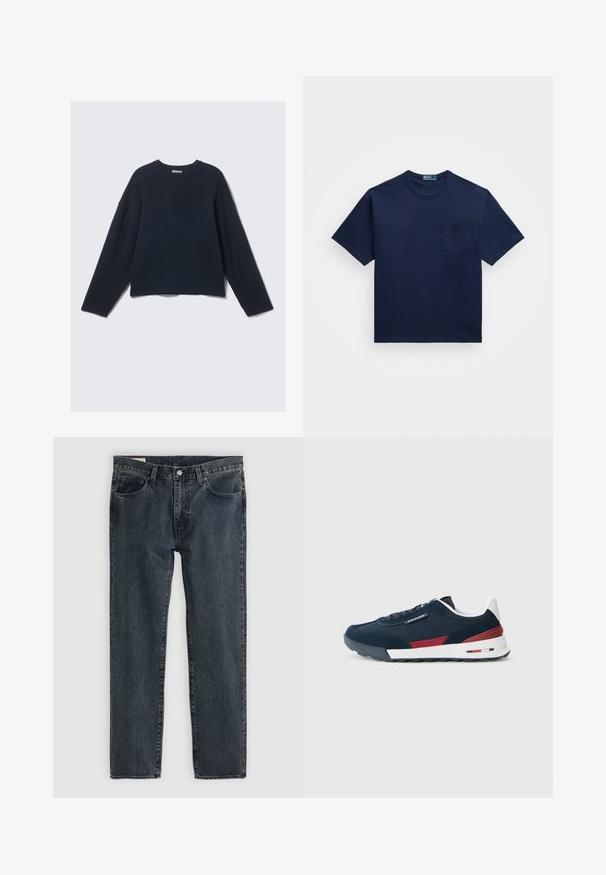 Pull en tricot à manches longues bleu marine, avec un col rond et des épaules légèrement abaissées, sur un fond clair.; T-shirt en coton bleu marine avec un col rond, des manches courtes et une poche sur le côté gauche de la poitrine. Texture lisse avec une coupe classique.; Jean en denim bleu foncé avec une coupe droite, cinq poches et une fermeture à bouton. Le tissu présente une légère décoloration et texture.; Baskets bleu marine en suède et maille, accent rouge, talon blanc et semelle en caoutchouc blanche. Présentent des lacets plats et des détails cousus.