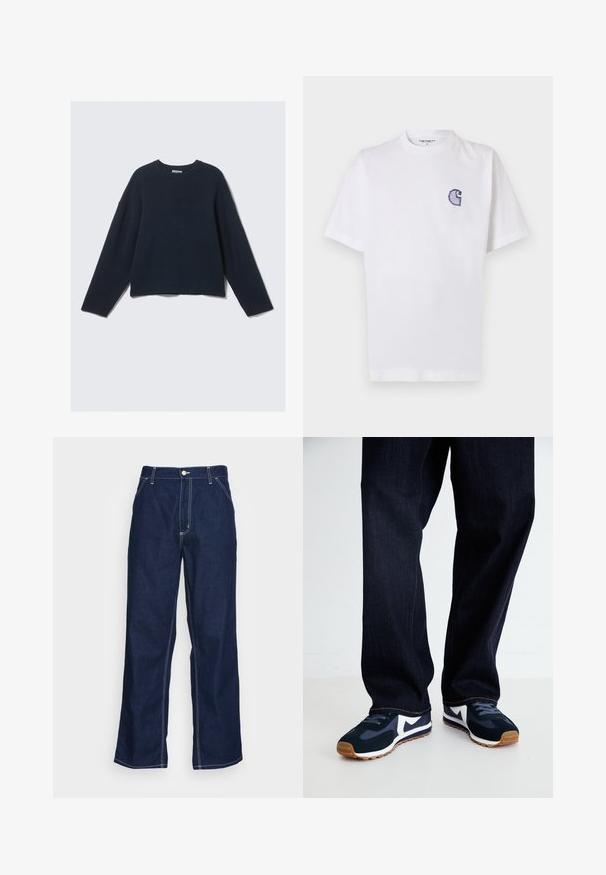 Maglione a maglia blu navy a maniche lunghe con scollo rotondo e spalle leggermente scese su uno sfondo chiaro e semplice.; Maglietta bianca in cotone con maniche corte, scollo rotondo e un piccolo logo "C" blu ricamato sul lato sinistro del petto.; Pantaloni in denim blu scuro con gambe ampie, caratterizzati da una vita alta, tasche frontali e cuciture bianche a contrasto lungo le cuciture.; Scarpe da ginnastica navy e bianche con una tomaia testurizzata, lacci e suola in gomma, abbinate a pantaloni di denim scuro con cuciture arancioni.