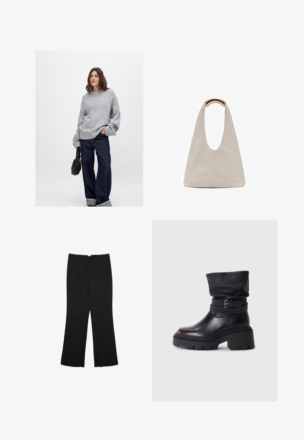 NA-KD Maglione - grey; Pantaloni neri a gamba dritta, con tasche frontali e spacchi laterali all'orlo. Realizzati in tessuto morbido e liscio. Adatti a diverse occasioni.; Stivaletto in pelle nera con tomaia morbida, dettaglio con fibbia e suola spessa e robusta. Presenta una punta rotonda e una texture liscia.; Borsa in pelle grigio chiaro con design a forma di U e manico metallico curvo. Texture liscia con cuciture minime e senza motivi visibili.