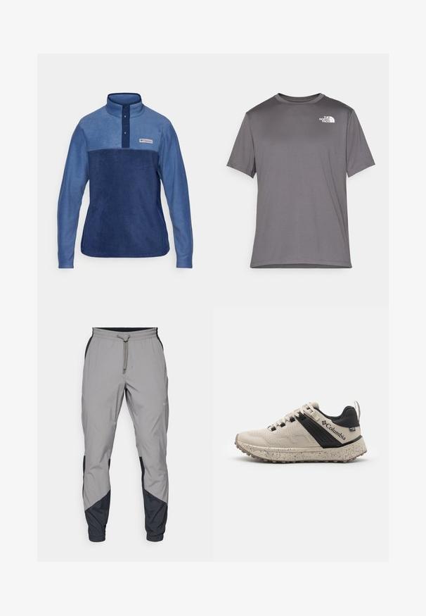 Fliisist pullover sinistes toonides, millel on kõrge krae, neli nööpi ja rinna logosilt, millel on pehme ja tekstuuriga viimistlus.; Hallid lühikeste varrukatega spordipusa, mis on valmistatud siledast ja kergest kangast. Esiküljel vasakul rinnal on valge logo. Ümmargune kaelaauk.; Kergedatud hallid sportlikud püksid mustade aktsentidega. Elastne vöökoht, stringiga sulgemine, kitsenev jala disain ja küljetaskud.; Columbia sneakers beežides ja mustades toonides, tekstuurse võrgumaterjaliga pealispind, täppidega vaheosa ja vastupidav kummist välistald, mis tagab haarde.