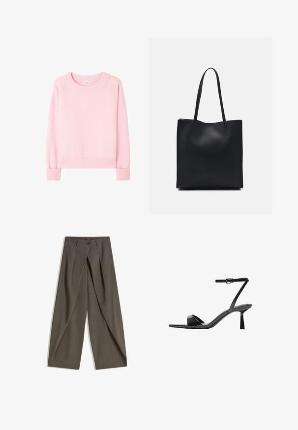 Roza pletena jopica s okroglim ovratnikom, rebrastimi manšetami in robom. Mehka tekstura, dolgi rokavi in sproščen kroj.; Široke hlače iz teksturiranega temno sive tkanine. Imajo sprednji zarezan, gumb za zapiranje in stranske žepe za praktičnost.; Bershka Sandali z visoko peto - black; Črna usnjena torba s svilnato teksturo, pravokotne oblike in dvema dolgima ročajema. Brez vidnih metalnih delov ali okrasnih elementov.