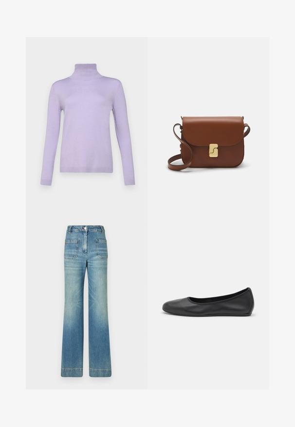 WEEKEND MaxMara KIKU - Džemperis - lilla; Gaiši zili džinsi ar platām kājām, piecām kabatām, jostām, pogas aizdari un viegli nolietotu tekstūru, ar sarkanu logotipu uz aizmugures.; Melna ādas baleta kurpe ar noapaļotu purngalu, gludu tekstūru, minimālu šuvju detalizāciju un elastīgu zoles dizainu.; Bordo ādas rokas soma ar atloku, zeltītām detaļām, plecu siksnu un gludu virsmu. Kompakta, taisnstūrveida forma.