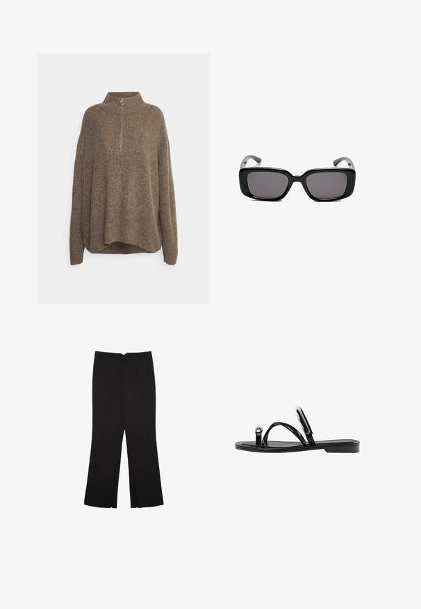 Hnedý pletený sveter s rolákovým golierom, so zvýraznenou rebrovanou textúrou a polovičným zipsom s okrúhlym ťaháčikom. Voľnejší strih s spadnutými ramenami.; Čierne nohavice so strihom rovného strihu, s prednými vreckami a bočnými rozparkami na leme. Vyrobené z mäkkej, hladkej tkaniny. Vhodné na rôzne príležitosti.; Čierne ploché sandále s lesklým povrchom, tromi tenkými popruhmi a okrúhlou kovovou ozdobou na prste. Elegantný dizajn s minimálnym podpätkom.; Čierne obdĺžnikové slnečné okuliare s tmavými sklami, hladkým plastovým rámom a zakrivenými stranami. Dizajn je robustný s minimalistickou estetikou.