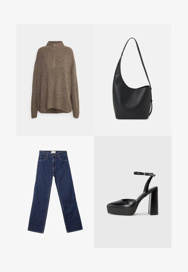 Rjav pleten pulover s ovratnikom v obliki lijaka, z rebrasto teksturo in polno zadrgo s krožnim ročajem. Ohlapen kroj z spuščenimi rameni.; Temno modri ravni jeans z sprednjimi žepi, zanke za pas in gumbnim zapiranjem.; Črne platforme z visokimi petami in koničastim nosom ter nastavljivim gležnjenjskim trakom. Narejene iz gladke usnje, s kockasto peto.; Črna usnjena hobo torba z gladko teksturo, ukrivljeno obliko in eno nastavljivo naramnico; ima širok odprtina na vrhu.