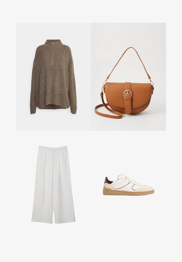 Brauner Strickpullover mit Stehkragen, verfügt über eine gerippte Textur und einen halben Reißverschluss mit einem runden Ziehband. Lockerer Schnitt mit überschnittenen Schultern.; Weiße, weit geschnittene Hosen aus leichtem Stoff, mit einem elastischen Bund und einem Zugband für eine verstellbare Passform. Glatte Textur.; Stradivarius Sneaker low - white; Braune Leder-Crossbody-Tasche mit geschwungener Form, goldfarbenen Beschlägen und einer Schnallenakzentuierung. Verfügt über einen abnehmbaren Schultergurt.