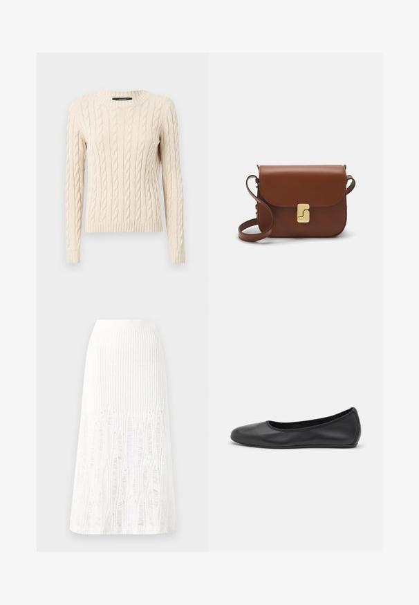 Cable-knit cream sweater with long sleeves and a crew neckline. Ribbed cuffs and hem add texture to the soft fabric.; Knit white midi skirt featuring a textured pattern with vertical lines and cut-out details near the hem. Elastic waistband. Soft material.; Black leather ballet flat with a rounded toe, smooth texture, minimal stitching detail, and a flexible sole design.; Brown leather handbag with a flap closure, gold-tone hardware, a shoulder strap, and a smooth texture. Compact rectangular shape.