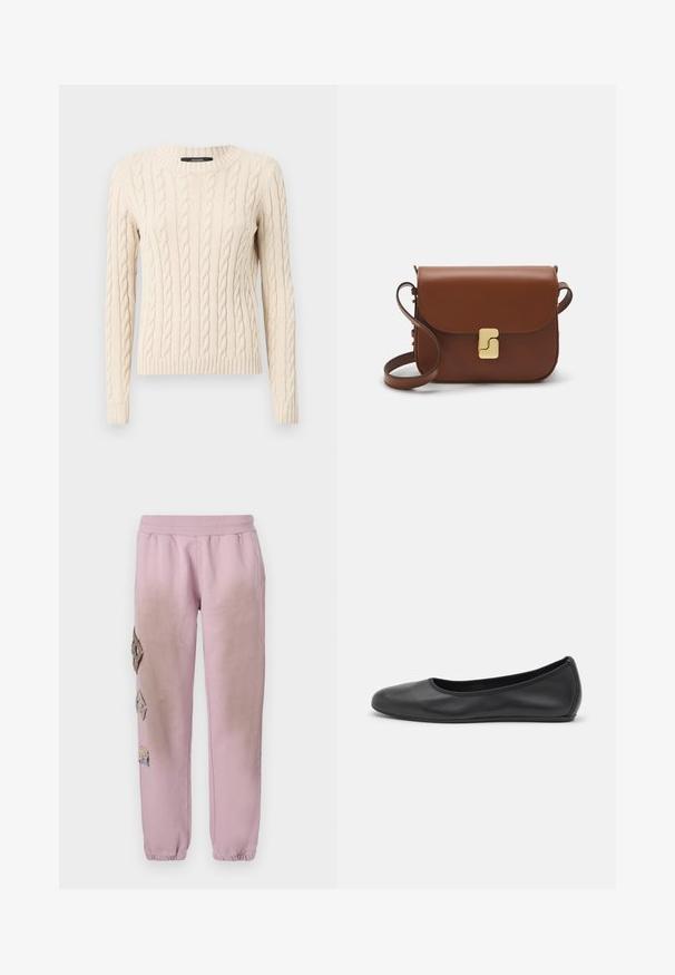 Krēmkrasas adīts džemperis ar garām piedurknēm un apaļu kakla izgriezumu. Ribotās piedurknes un apakšmalas piešķir tekstūru mīkstajai audumam.; Balta īsām piedurknēm T-krekls, izgatavots no ribota auduma. Apaļš izgriezums, regulāra piegriezuma un diskrēti šuvumu detaļas. Bez printiem vai grafikām.; Rozā sporta bikses ar elastīgu jostu, kurām labajā pusē ir dekoratīvi uzliktni dimanta formā un elastīgas apkakles pie potītēm.; Melna ādas baleta kurpe ar noapaļotu purngalu, gludu tekstūru, minimālu šuvju detalizāciju un elastīgu zoles dizainu.; Bordo ādas rokas soma ar atloku, zeltītām detaļām, plecu siksnu un gludu virsmu. Kompakta, taisnstūrveida forma.