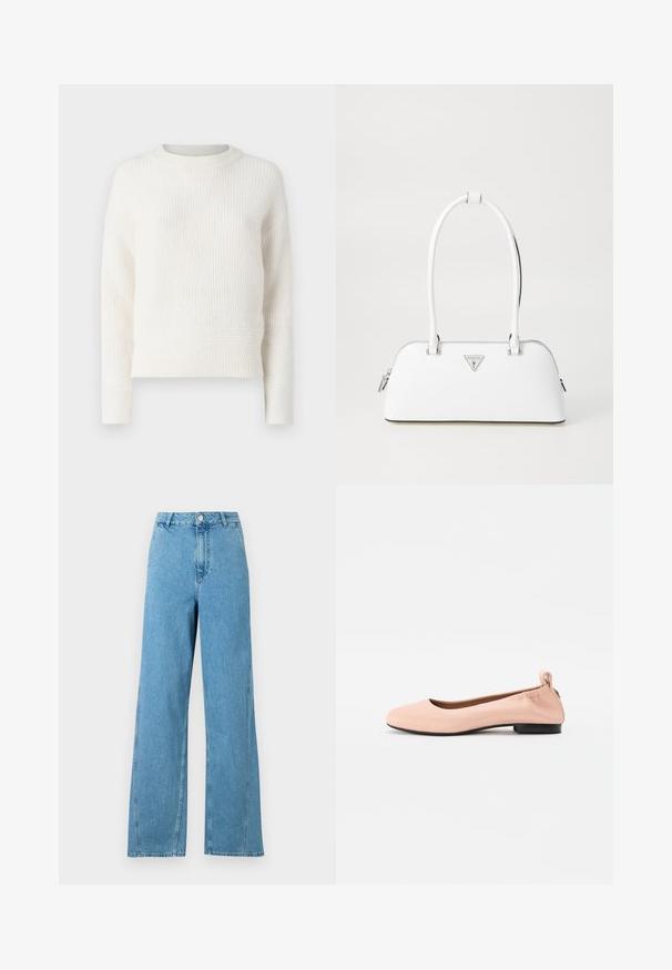 Krém színű, bordázott kötött pulóver kerek nyakkivágással, hosszú ujjakkal és rövidített fazonnal. Puha textúra finom vízszintes vonalakkal.; Világoskék, bő szárú farmernadrág, magas derékkal, öt zsebbel és fémből készült gombbal. Simaságot biztosító denim anyagból készült.; Halvány rózsaszín balerina cipők sima anyagból, kerek orral, rugalmas hátsó résszel és kis fekete sarokkal.; Fehér bőr kézitáska ívelt formával, ezüst háromszög logóval és zipzáras záródással. Simább szerkezet és dupla fogantyú.