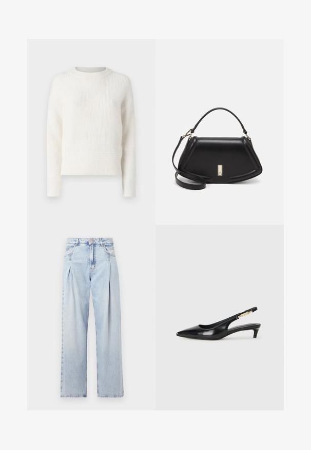 Krémový svetr z ribkované pleteniny s kulatým výstřihem, dlouhými rukávy a zkráceným lemem. Měkčí textura se subtilními vodorovnými linkami.; Světlé modré džíny z denimu s vysokým pasem, širokým střihem, dvěma bočními kapsami a nařaseným designem. Měkká textura s vybledlým povrchem.; Černé kožené boty na podpatku s otevřenou patou a špičatou špičkou, s tenkým podpatkem a zlatým akcentem na nastavitelném pásku. Hladký povrch.; Černá kožená kabelka se strukturovaným designem, jejíž tvar je zkrácený, má horní rukojeť a zlaté kovové detaily. Součástí je i nastavitelný ramenní popruh.