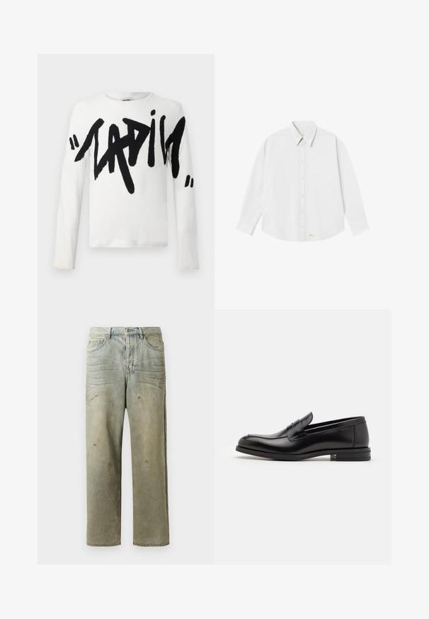 Valkoinen pitkähihainen paita, jossa on suuri musta teksti, joka lukee "LADIES". Pehmeä kangas, pyöreä kaula-aukko ja normaali istuvuus.; Valkoinen nappikauluspaita, jossa on klassinen kaulus, pitkät hihat ja pyöristetty helma; vasemmassa alareunassa on pieni oranssi logo.; Vaaleanvihreät kulutetut farkut suoran lahkeen, viiden taskun muotoilun ja epätasaisen haalistumisen sekä maalikohoumiin kanssa.; Mustat nahkakengät, joissa on sileä pinta, pyöreä kärki ja koristeellinen nauha jalkapöydän yli. Matala pinoitu koroke, minimalistinen muotoilu.