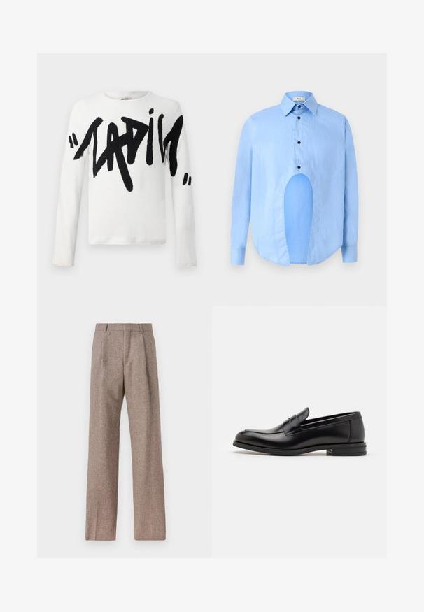 White long-sleeve shirt featuring large black text that spells "LADIES." Soft fabric with a round neckline and regular fit.; Light blue long-sleeve shirt with a pointed collar, black buttons, and a unique cutout in the front for distinctive design.; Brown, high-waisted trousers made of textured fabric. Features wide legs and two front pleats for structure. Neat finish with no visible hardware.; Black leather loafers with a smooth texture, rounded toe, and a decorative strap across the vamp. Low stacked heel, minimalist design.