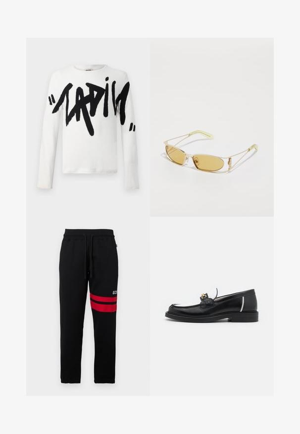 White long-sleeve shirt featuring large black text that spells "LADIES." Soft fabric with a round neckline and regular fit.; Black cotton t-shirt with short sleeves. Features white GCDS logo and "MILANO ITALY 1988" text in an arch. Standard fit and crew neck.; Black sweatpants with contrast red stripes and logo on the side. Features an elastic waistband with drawstring and tapered ankle cuffs.; Black leather loafer with a rounded toe, white accents, and gold hardware on the vamp. Features a textured patch and stacked heel.; Yellow-tinted sunglasses with a translucent gold frame, slim rectangular shape, and angular arms with light green accents.