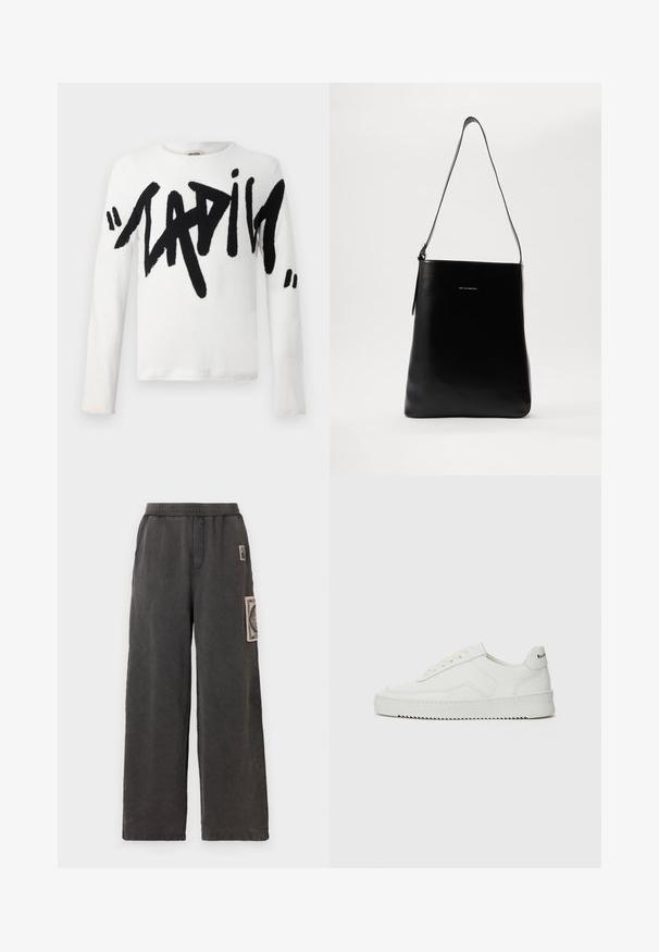 Camicia bianca a maniche lunghe con grande scritta nera che spell "LADIES." Tessuto morbido con scollatura rotonda e vestibilità regolare.; Pantaloni a gamba larga in tessuto grigio scuro, con una patch decorativa sulla tasca anteriore e una vita elastica per il massimo comfort.; Sneaker in pelle bianca con una finitura liscia, punta rotonda, lacci piatti e suola testurizzata. Presenta un logo discreto sul tallone.; Borsa a tracolla in pelle nera con texture liscia, forma rettangolare e tracolla lunga; presenta un piccolo logo bianco al centro.