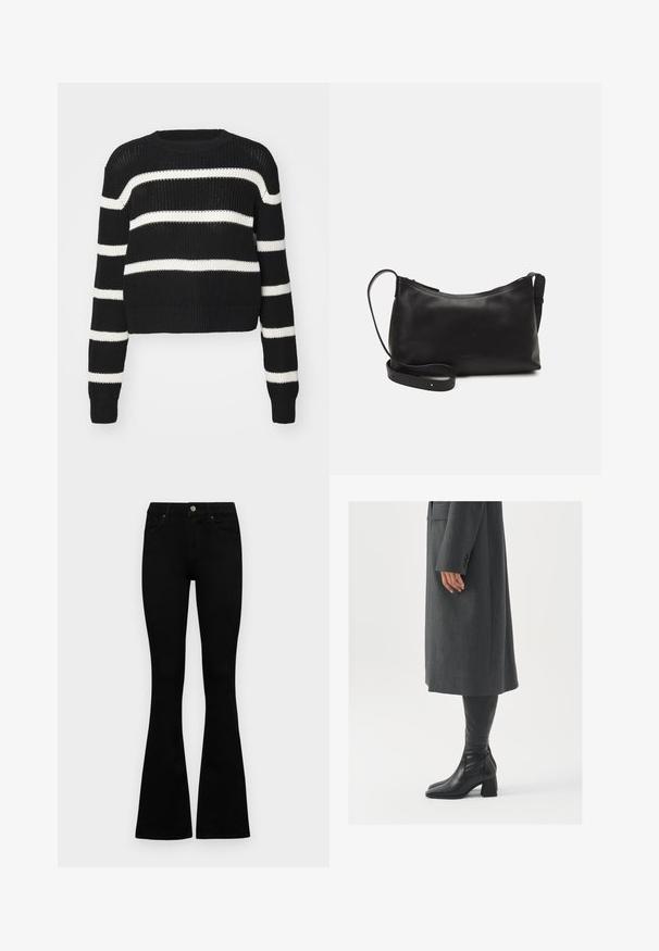 Pulover scurt negru cu dungi orizontale albe, textură tricotată, guler rotund și manșete și marginea ribbate.; Jeans negri cu talie înaltă, cu închidere prin nasture și fermoar, buzunare frontale și picioare evazate, așezați pe un fundal alb.; Palton gri, croit cu un croi drept; asortat cu cizme din piele neagră, până la genunchi, cu vârf pătrat și toc chunky.; Geantă de umăr din piele neagră, cu o textură netedă, formă curbată, curea ajustabilă și închidere cu fermoar. Design minimalist, fără embellishments.