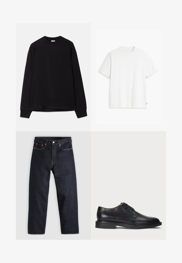 Camisola preta de manga longa feita de algodão suave. Apresenta um decote redondo, corte solto e punhos canelados. Sem padrões ou logótipos visíveis.; T-shirt de algodão branco com mangas curtas, decote redondo e logo discreto da Levi's impresso no centro. Tecido macio e ajuste padrão.; Jeans de denim azul-escuro com corte reto, cinco bolsos, costura laranja em contraste e fecho de botão. Sem padrões ou adornos visíveis.; Sapato de vestido em couro preto com bico redondo, design com atacadores e um salto baixo empilhado. Textura suave com detalhes de costura mínimos.