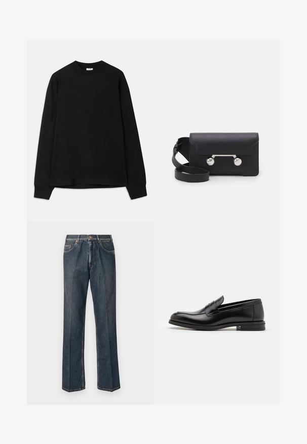 Melnas garām piedurknēm T-krekls, kas izgatavots no mīksta kokvilnas. Tam ir apaļa izgriezne, brīvs piegriezums un ribotas aproces. Nav redzamu rakstu vai logo.; Tumši zili taisni džinsi ar priekšējo pogu, rāvējslēdzēju, dubultajām priekšējām kabatām un redzamām vertikālām krokām pa kājām.; Melnas ādas kurpes ar gludu tekstūru, noapaļu purngalu un dekoratīvu siksniņu pāri priekšpusei. Zems sakrauts papēdis, minimālisma dizains.; Melna ādas crossbody soma ar atloku aizdari, sudraba toņu aparatūru un divām apaļām detaļām. Iespējams noņemt siksnu. Gluda tekstūra.