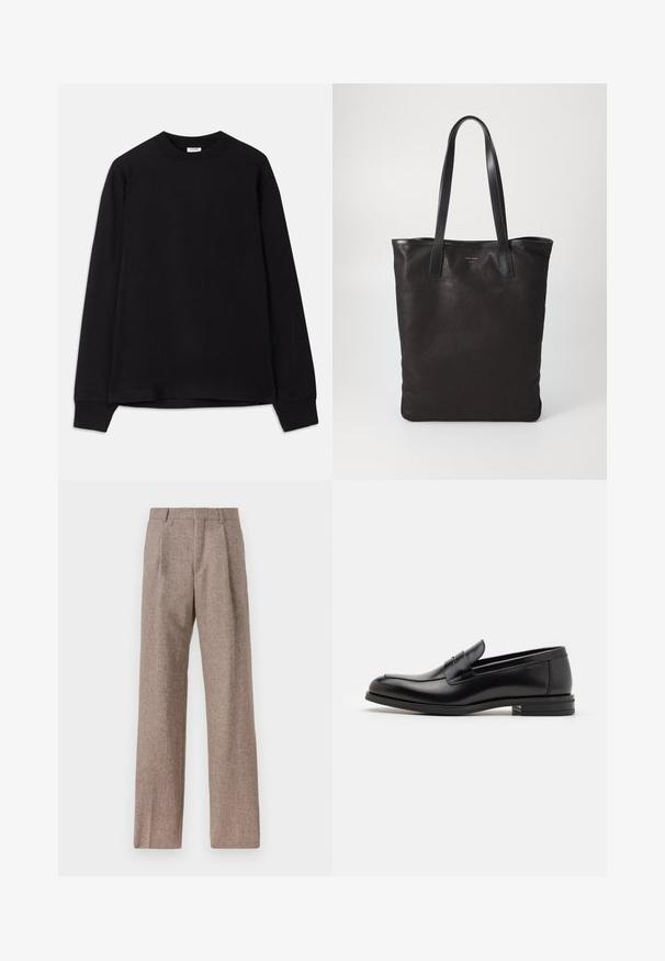 T-shirt nero a maniche lunghe realizzato in cotone morbido. Caratterizzato da un collo rotondo, vestibilità ampia e polsini a costine. Nessun motivo o logo visibile.; Pantaloni marroni a vita alta realizzati in tessuto testurizzato. Presentano gambe ampie e due pieghe frontali per struttura. Rifinitura curata senza hardware visibile.; Mocassini neri in pelle con una texture liscia, punta arrotondata e una striscia decorativa sulla tomaia. Tacco basso impilato, design minimalista.; Borsa tote in tela nera con manici in pelle nera. Design semplice, corpo spazioso e texture liscia. Nessun logo o motivo visibile.