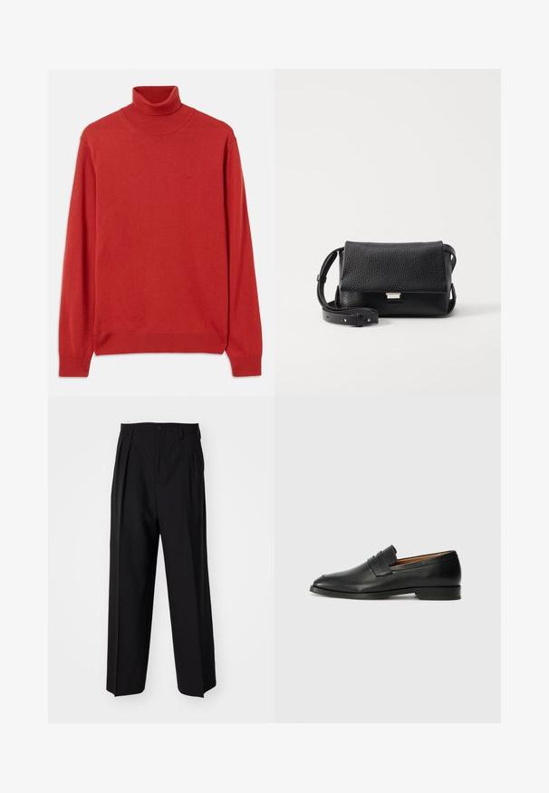 Piros kötött garbó pulóver hosszú ujjakkal, bordás gallérral és mandzsettával. Diszkrét logó található a mellrészen. Sima textúra.; Fekete, pliszírozott nadrág, egyenes, széles lábakkal. Sima anyagból készült, gombos záródással és övhurkokkal rendelkezik.; Fekete bőr mokaszin, kerek orral, diszkrét varrásokkal és alacsony sarokkal, sima felülettel és minimalista dizájnnal.; Fekete textúrájú bőrből készült crossbody táska, fedéllel, ezüstszínű fémrészletekkel és állítható pánttal. Minimalista dizájn, tiszta vonalakkal.