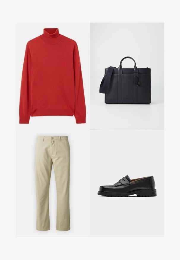 Rdeča pletena turtleneck pulover s dolgimi rokavi, rebrastim ovratnikom in manšetami. Ima subtilen logotip na prsih. Gladka tekstura.; Bež bombažne hlače s ravnim krojem, sprednjim gumbom in zankami za pas. Gladka tekstura, brez vidnih vzorcev ali akcentov.; Črne usnjene loafersice imajo dvignjen šiv, dve dekorativni trakovi na zgornjem delu in debel strukturiran podplat za boljši oprijem.; Temno mornarsko usnjeno aktovko z dvema zgoraj ročaji in odstranljivim trakom. Ima teksturirano površino, navpične šive in podrobnost z logotipom.