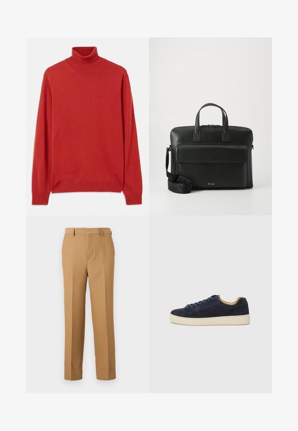 Raudonas megztas megztinis su aukštu kaklu, ilgomis rankovėmis, lygiais kraštais ant kaklo ir rankovių. Su subtiliu logotipu ant krūtinės. Lygus paviršius.; Kreminės spalvos kelnės, pagamintos iš audinio, turinčios tiesų kirpimą, lygią priekį ir diržo kilpos. Sklandus paviršius be matomų raštų.; Jūros laivyno zomšiniai žemakulniai sportbačiai su apvaliu nosiu, šviesiai balta guma sole ir atitinkančiomis raištelėmis; turi kontrastingą tan spalvos vidinę pamušalą.; Juodas odinis darbų krepšys su dviem viršutiniais rankenomis, priekinėmis kišenėmis ir nuimama juosta, su subtiliu prekės ženklu apačioje.