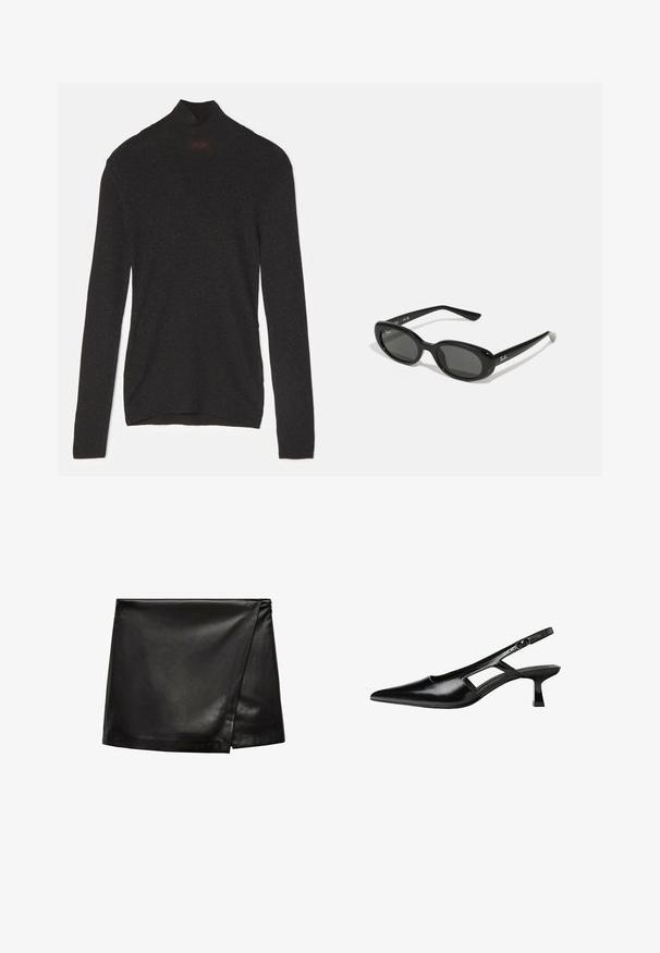 Čierny dlhý rukáv s rolákom vyrobený z jemnej tkaniny s jemným leskom. Má priliehavý strih a vysoký golier.; Čierna kožená mini sukňa s prekrývacím dizajnom, s hladkou textúrou a minimalistickým štýlom. Bez viditeľného hardvéru alebo vzorov.; Čierne lakované kožené lodičky na podpätku s špicatou špičkou, výrezovým dizajnom na boku a malým štvorcovým podpätkom. Hladký povrch s minimálnymi akcentmi.; Čierne slnečné okuliare s oválnymi šošovkami, lesklý plastový rám a štíhle ramienka. Na boku majú biele logo Ray-Ban.; Čierna kožená kabelka s akcentmi zlatého hardvéru, s podpisovým zapínaním, odnímateľným ramenným popruhom a štruktúrovaným povrchom.