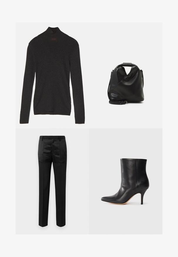 Black long-sleeve turtleneck made of soft fabric with a subtle sheen. Features a fitted silhouette and a high neck design.; Black tailored trousers with straight legs and a waistband with belt loops, featuring a mix of matte and shiny fabric panels.; Black leather ankle boot with pointed toe, slim stiletto heel, and smooth texture. Minimalist design with no visible hardware or accents.; Black, soft leather bag with a unique twisted design. Features a short handle and a detachable shoulder strap. Minimalist style.