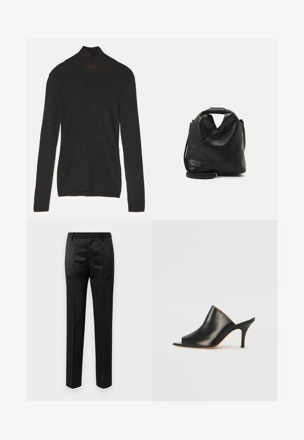 Black long-sleeve turtleneck made of soft fabric with a subtle sheen. Features a fitted silhouette and a high neck design.; Black tailored trousers with straight legs and a waistband with belt loops, featuring a mix of matte and shiny fabric panels.; Black leather open-toe mule with a sleek, curved design, high stiletto heel, and smooth texture. The interior features a contrasting light color.; Black, soft leather bag with a unique twisted design. Features a short handle and a detachable shoulder strap. Minimalist style.