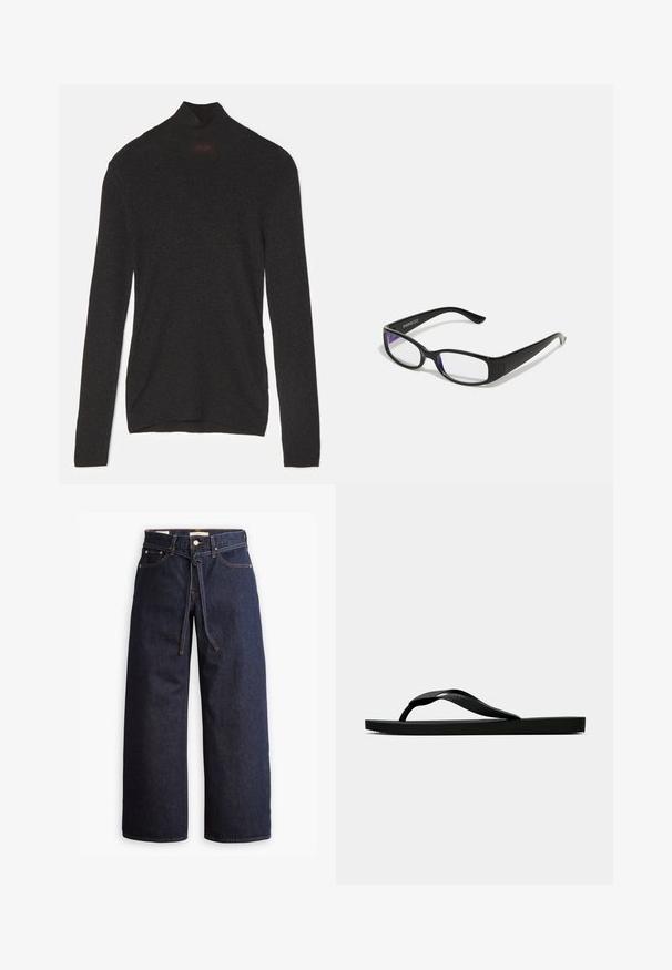 Musta pika varrukaga kõrge kaelusega t-särk, mis on valmistatud pehmest kangast, millel on kerge sära. Omab kohandatud siluetti ja kõrget kaeluse disaini.; Laiad joped tumeda sinise denimi ja kõrge taljega, millel on paela kinni tõmbamise võimalus, viis taskut ja kontrastsete õmblustega detailid.; Musta kummist suss, millel on tekstuuriga eraldi sõrmeosa ja lihtne lame tald, kuva külgvaates üheltoonilise heleda tausta ees.; Mustad mustad prillid selgete läätsedega. Läikiv viimistlus, kitsad vars, ja läätsede servadel on nähtav lilla varjund.