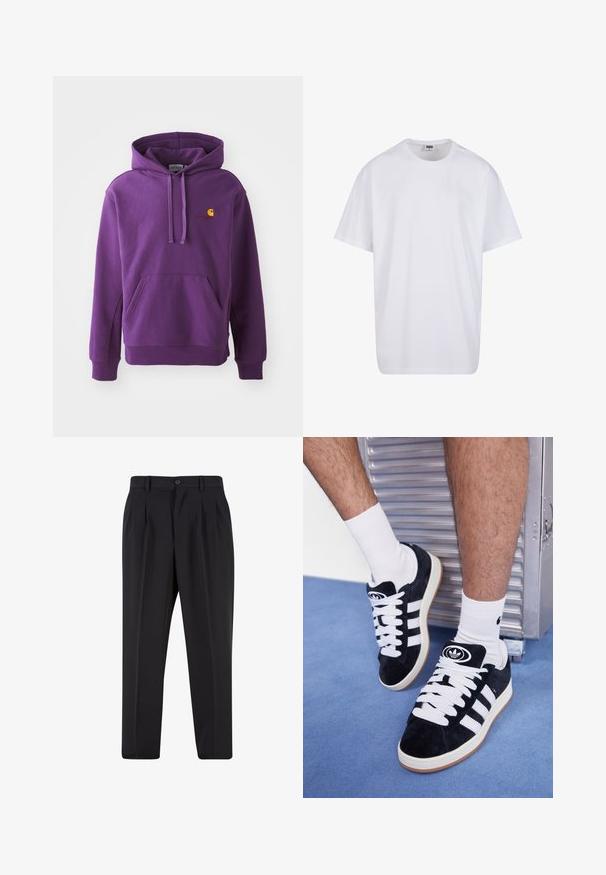 Lilla hættetrøje med en frontlomme og ribbede manchetter, der har et lille orange Carhartt-logo på brystet. Blød stofstruktur.; Hvid bomulds t-shirt med korte ærmer, rund halsudskæring, afslappet pasform, og ingen synlige logoer eller mønstre. Glat tekstur og minimalistisk design.; Sorte bukser med plisseret frontdesign, lavet af glat stof. Har knaplukning og bæltestropper; lige pasform.; Sorte ruskinds sneakers med hvide snørebånd og tre hvide striber. Har et rundt sort logo på tungen og en gummigummisål.