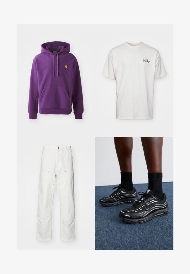 Lilla hættetrøje med en frontlomme og ribbede manchetter, der har et lille orange Carhartt-logo på brystet. Blød stofstruktur.; Hvid bomulds t-shirt med et broderet brunt Nike-logo på venstre bryst. Løs pasform med korte ærmer og rund halsudskæring.; Hvide bomulds cargo bukser med en afslappet pasform. Funktioner inkluderer for- og baglommer, guldfarvede hardware detaljer og forstærkede knæsektioner.; Sorte Nike sko har et mesh-overdel med accentstriber, tekstureret snørering og en sort gummisål. Båret med sorte ribbede sokker.