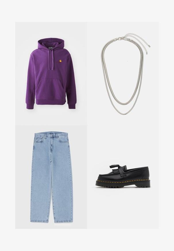 Ljubičasta dukserica s kapuljačom, koja ima prednji džep i rebraste manžete, s malim narančastim Carhartt logotipom na prsima. Mekana tkanina.; Svijetloplave traperice s ravnim nogavicama, sa srednjim strukom, pet džepova i zatvaranjem na dugme i patentni zatvarač.; Crna kožna loaferica s resicama, koja ima čvrst crni potplat i žute šavove duž ruba. Teksturirana završna obrada.; Necklace od tri sloja srebrnog metala s elegantnim, fleksibilnim lančićima blagog sjaja, zatvoren s karabinera i prilagodljivim lančićem.