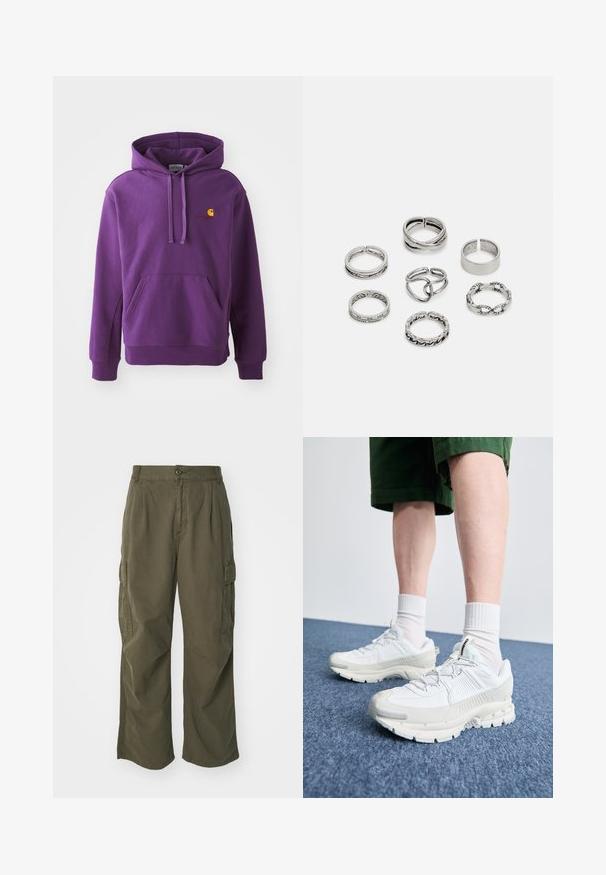 Sudadera con capucha púrpura, con un bolsillo delantero y puños acanalados, que presenta un pequeño logotipo naranja de Carhartt en el pecho. Textura de tela suave.; Pantalones cargo en verde oliva, fabricados en algodón, con un diseño de pierna ancha, pliegues y bolsillos laterales para mayor utilidad.; Zapatillas deportivas blancas con superposiciones texturizadas, una suela gruesa y acentos grises. Llevadas con calcetines blancos hasta la pantorrilla y pantalones cortos verdes sobre una superficie azul.; Conjunto de siete anillos de plata con diversos diseños, incluidos patrones retorcidos, enlazados y grabados. Diferentes formas y anchos.