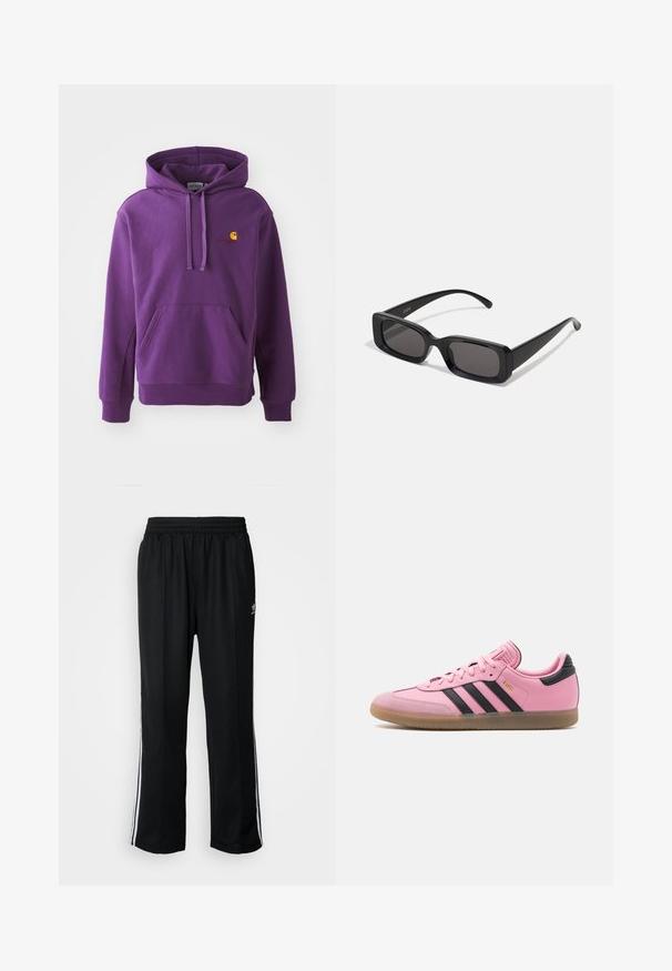 Violetti huppari, jossa on etutasku ja ribbaatut hihansuut, jossa on pieni oranssi Carhartt-logo rinnassa. Pehmeä kankaan rakenne.; Mustat urheiluhousut, joissa on joustava vyötärö, valkoiset sivuraidat ja pieni logo. Materiaali näyttää pehmeältä ja kevyeltä.; Vaaleanpunaiset nahkakengät, joissa on mustia yksityiskohtia, kolme mustaa raitaa sivuilla ja kumipohja. Varustettu pehmustetulla kauluksella ja nauhoilla.; Mustat suorakaiteen muotoiset aurinkolasit, joissa tummat linssit, kiiltävä pinta, leveät sangan varret ja massiivinen kehysmuotoilu. Yhden sangansivun kaiverrettu brändinimi.