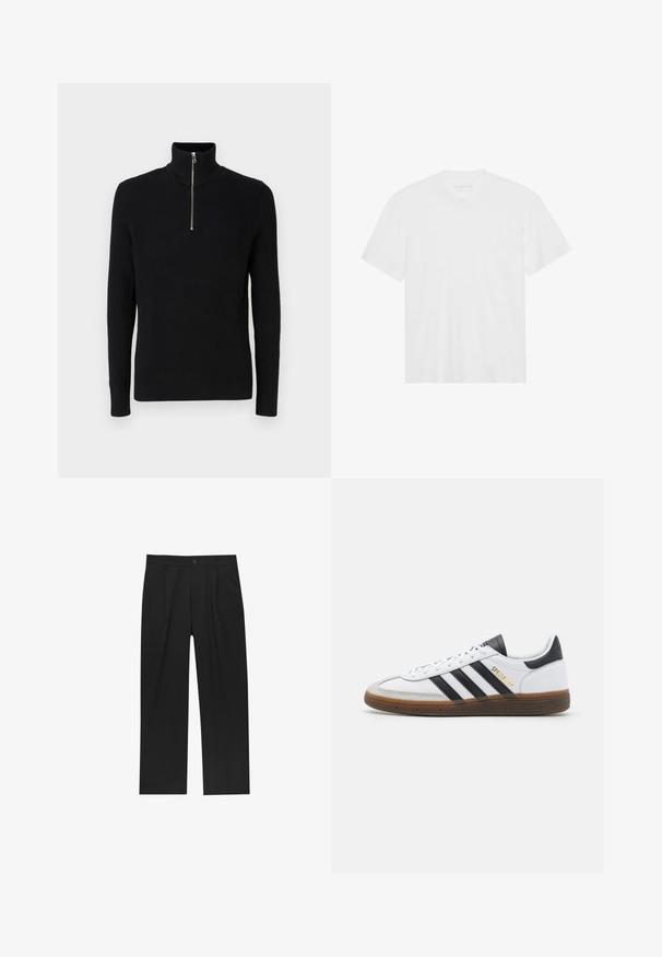 Fekete bordázott garbó pulóver negyedcipzáras kialakítással és hosszú ujjakkal. Texturált anyagból készült, függőleges bordázással.; Fehér pamut póló rövid ujjakkal, kerek nyakkivágással és egyenes aljjal. Sima textúra, minimalista dizájn minta vagy díszítés nélkül.; Fekete nadrág egyenes szárú kialakítással, sima anyagból készült. Elöl redők és egy gombos záródás található a derékon.; Fehér bőr sportcipő fekete velúr részletekkel, három fekete csíkkal, bézs gumi talppal és arany "SPEZIAL" felirattal az oldalon.