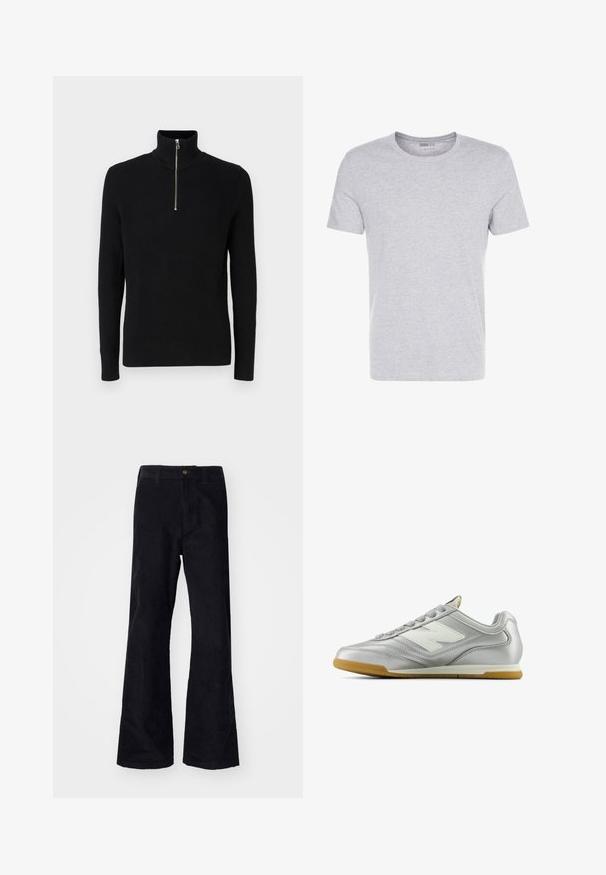 Juodas juostuotas golfo megztinis su ketvirčio užtrauktuku ir ilgomis rankovėmis. Pagamintas iš tekstūruoto audinio, su vertikalių juostų raštu.; Pilkas medvilnės t-shirt'as su apvalia apykakle, trumpomis rankovėmis ir vientisu dizainu, pasižymintis švelnia, lygiąja tekstūra be matomų raštų ar puošmenų.; Juodos, medvilninės platėjančios kelnės su tradicine juosmeniu, vienu priekyje esantį mygtuką ir kišenėmis šonuose ir gale. Lygus paviršius.; Sidabriniai sportiniai bateliai su lygiu, blizgiu paviršiumi, balta logo šone, tekstūruotomis pilkomis raištelėmis ir guminiais padais.