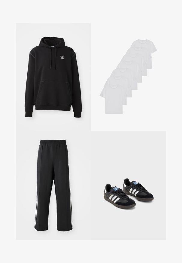 Sweatshirt preto em algodão com bolso canguru, logo da Adidas branquíssimo, punhos e bainha canelados, apresentando capuz com cordão e acabamentos costurados.; T-shirts brancos de algodão, mangas curtas, design de gola redonda, com textura lisa, empilhados em fila, com uma marcação subtil na gola.; Calças de moletom pretas com um cós elástico, apresentando riscas laterais brancas e um corte descontraído. Feitas de um tecido macio e elástico.; Sneakers pretos com parte superior em camurça e sintético, apresentando três riscas brancas, sola de borracha texturizada e etiqueta azul no linguete.