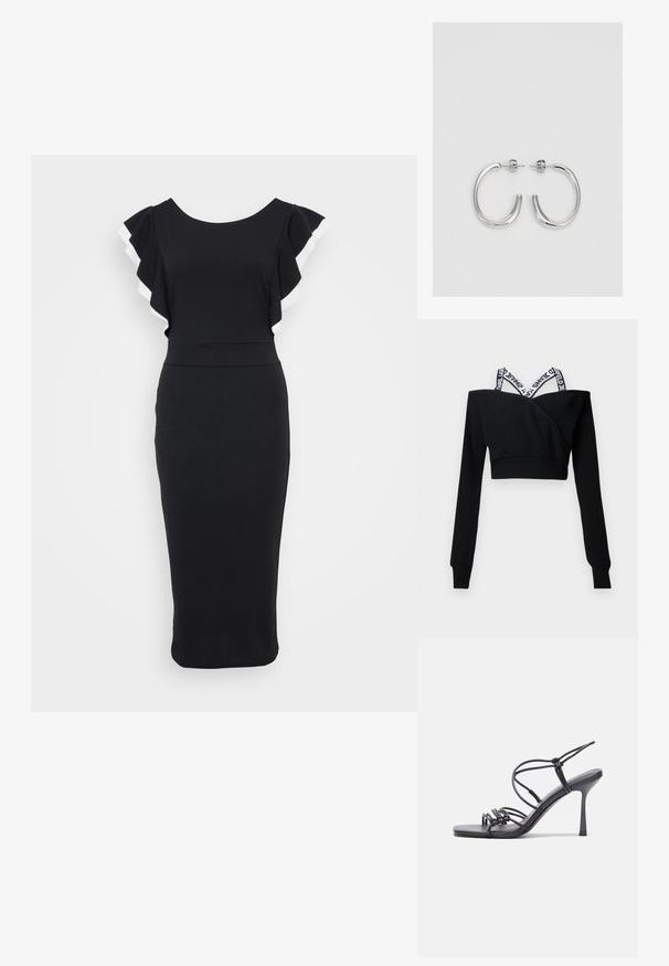 Črni kratki pleteni pulover z dolgimi rokavi in belimi obročastimi trakovi z oznako čez ramena.; Črna obleka s širokimi rokavi, ki ima bel rob, prilegajoč korzet in midi dolžino, narejena iz gladkega materiala.; Črne visoke sandale na peto imajo tanke naramnice z vozlom, gladek kvadratni toe in eleganten stiletto peto.; Svetlo siva kovinska torbica z verižnim ročajem, okrašena z majhnimi okroglimi kovinskimi bleščicami in trikotnim logotipom blagovne znamke.; Srebrne uhančke v obliki obroča z gladko, sijočo površino, ukrivljene oblike in zapiranjem na zatič. Minimalistična zasnova z modernim zaključkom.
