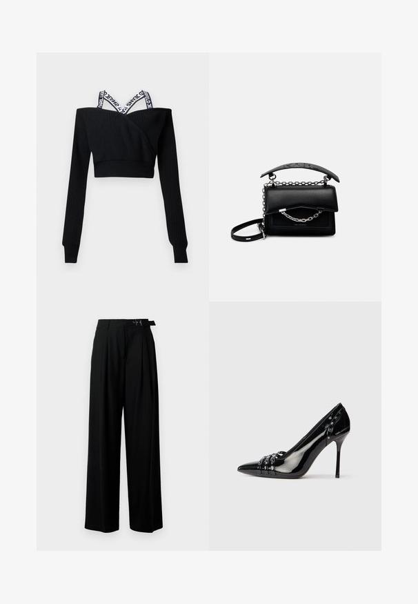Črni kratki pleteni pulover z dolgimi rokavi in belimi obročastimi trakovi z oznako čez ramena.; Črne široke hlače z visokim pasom, gubami spredaj in pasom z zaponko. Narejene so iz gladkega, lahkega materiala.; Črne patentirane usnjene stiletto pete z izostrenim nosom, tremi dekorativnimi pasovi s studenci in blagovno znamko "Karl Lagerfeld" na peti.; Črna usnjena torbica s strukturirano zasnovo, poudarki iz verige in ročaji ter teksturirana površina. Ima pokrov z vidno blagovno znamko.