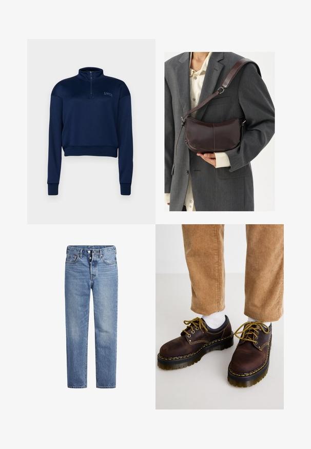 Navyblauwe zip-neck sweatshirt gemaakt van zacht materiaal, met lange mouwen en een cropped ontwerp met een geribde zoom en manchetten.; Lichtblauwe spijkerbroek met een rechte snit, vijf zakken en een knoopsluiting. Heeft subtiele vervaging en oranje stikselaccenten.; Bruine leren schoenen met gele stiksels, ronde neus, dikke platformzool en contrasterende zwarte accenten. G gedragen met witte sokken en corduroypantalons.; Bruine leren schoudertas met een gebogen ontwerp, voorzien van een afneembare schouderband, zachte textuur en zichtbare stiksels.