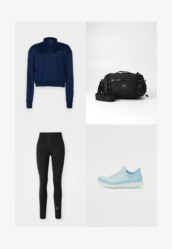 Granatowa bluza z zamkiem na szyi, wykonana z miękkiego materiału, z długimi rękawami i skróconym krojem, z ryflowanym wykończeniem na dole i mankietach.; Czarne legginsy z wysokim stanem, z perforowanymi detalami po bokach i małym logo na kostce. Gładki, elastyczny materiał.; Jasnoniebieski but sportowy z siateczkową cholewką, zaokrąglonym noskiem, wyściełaną podeszwą oraz odblaskowymi akcentami. Posiada sznurowanie i wspierający zapiętek.; Czarna torba na ramię z nylonu, z regulowanym paskiem, teksturowaną powierzchnią, kieszeniami na zamek oraz detalami z gumki. Logo nadrukowane z przodu.
